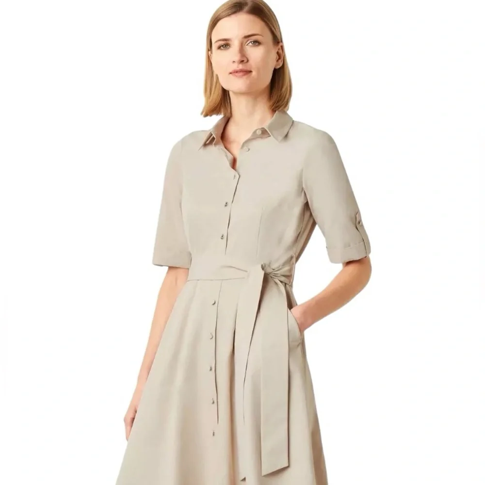 Hobbs Women’s Cream Tyra Fit & Flare Shirt Sleeve Midi Shirt Dress Sz 2 Preppy - Picture 2 of 11